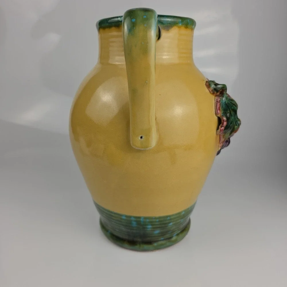 Pacific Rim Ceramic Amphora Vase Grape Leaf Relief Yellow Green Two Handle Large